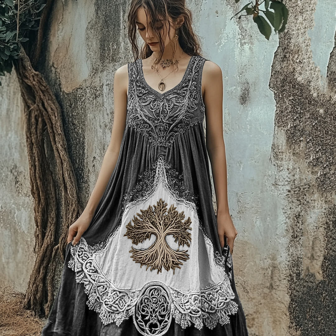 Vintage Tribal Viking Tree Of Life Celtic Knot Linen Blend Tank Midi Dress Vintage Tribal Viking Tree Of Life Celtic Knot Linen Blend Tank Midi Dress