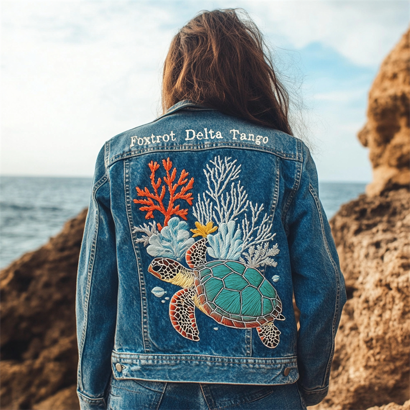 Foxtrot Data Tango Gulf Of Mexico Turtle Coral Embroidered Denim Jacket Foxtrot Data Tango Gulf Of Mexico Turtle Coral Embroidered Denim Jacket