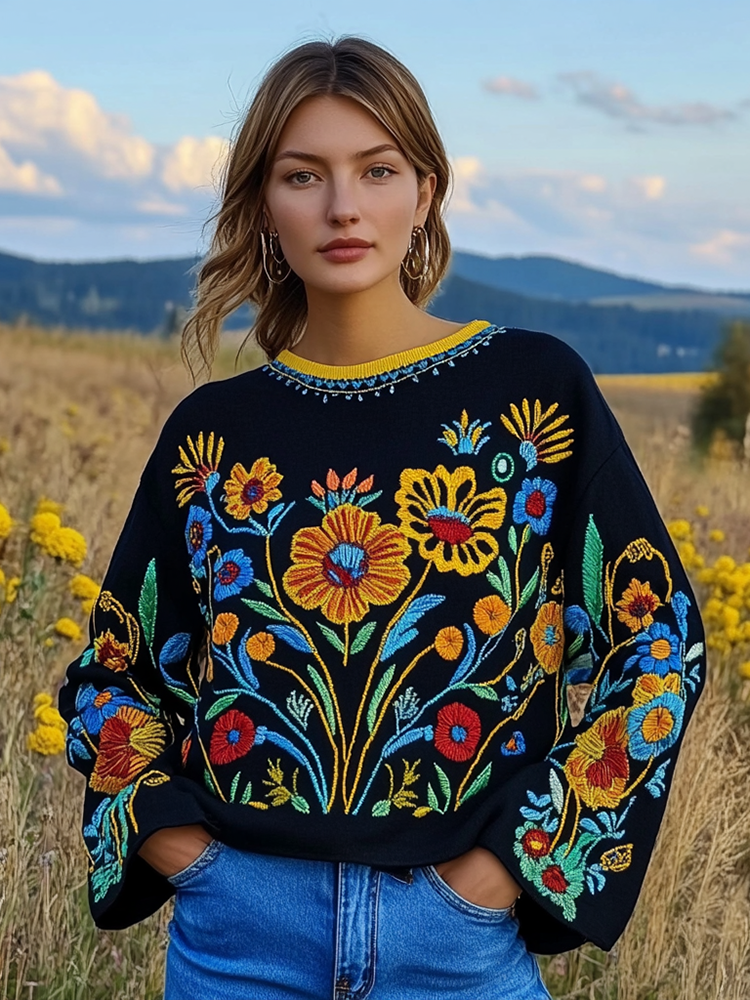 Ukrainian Folk Floral Embroidery Art Linen Crew Neck Shirt