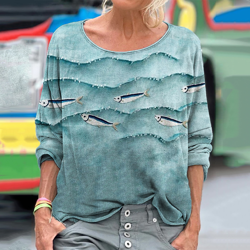 Fish & Sea Waves Sequin Embroidered T Shirt
