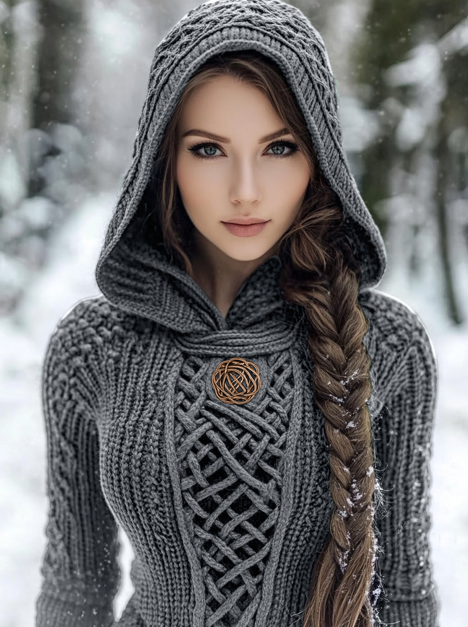 Women's Viking Style Knitted Cozy Hooded Sweater