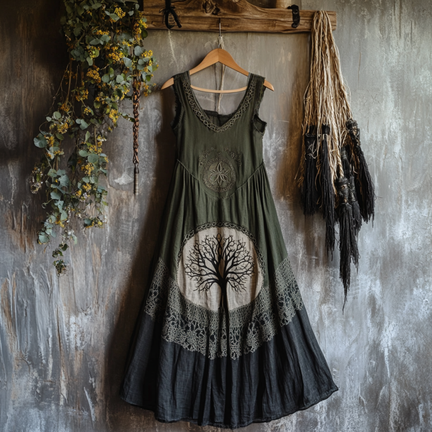 Tribal Celtic Knot Life Of Tree Lace Patchwork Art Linen Tank Dress Tribal Celtic Knot Life Of Tree Lace Patchwork Art Linen Tank Dress