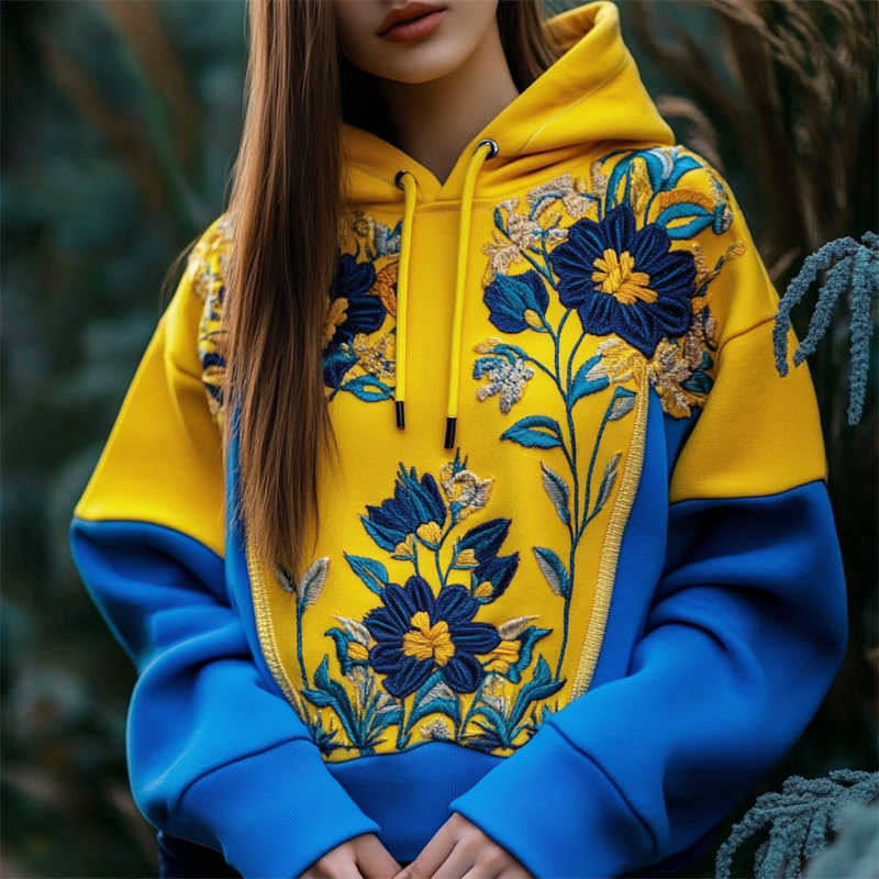 Ukraine Ethnic Floral Embroidered Contrast Patchwork Hoodie Ukraine Ethnic Floral Embroidered Contrast Patchwork Hoodie