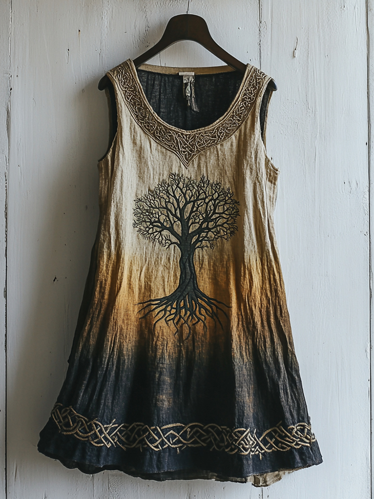 Women's Viking Tree Of Life Celtic Gradient Art Linen Sleeveless Top