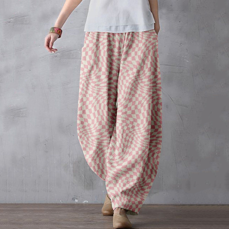 Wavy Checkerboard Pattern Linen Blend Comfy Pants Wavy Checkerboard Pattern Linen Blend Comfy Pants