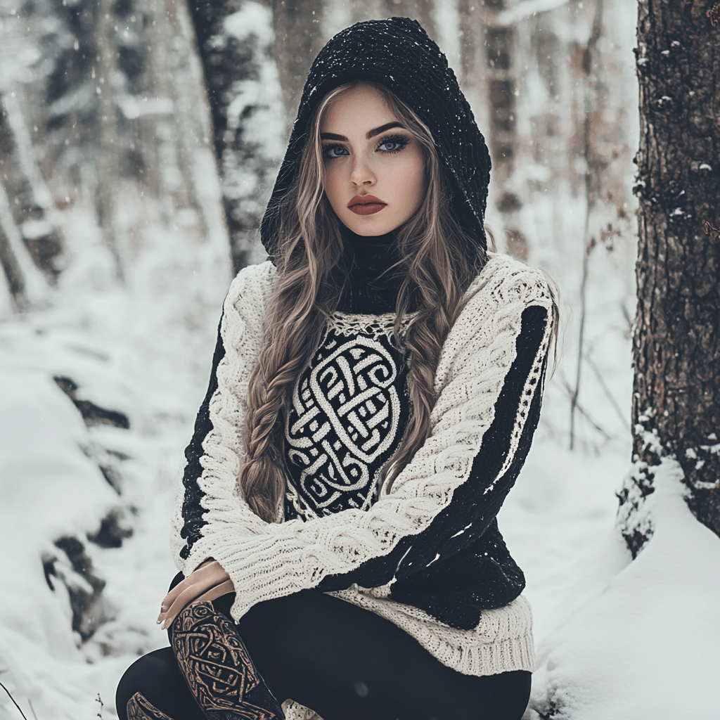 Women's Viking Tribal Jacquard Celtic Chunky Inspired Knit Hooded Sweater Women's Viking Tribal Jacquard Celtic Chunky Inspired Knit Hooded Sweater