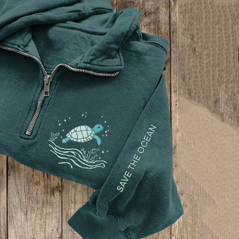 Save The Ocean Sea Turtles Embroidered Zip Up Sweatshirt Save The Ocean Sea Turtles Embroidered Zip Up Sweatshirt