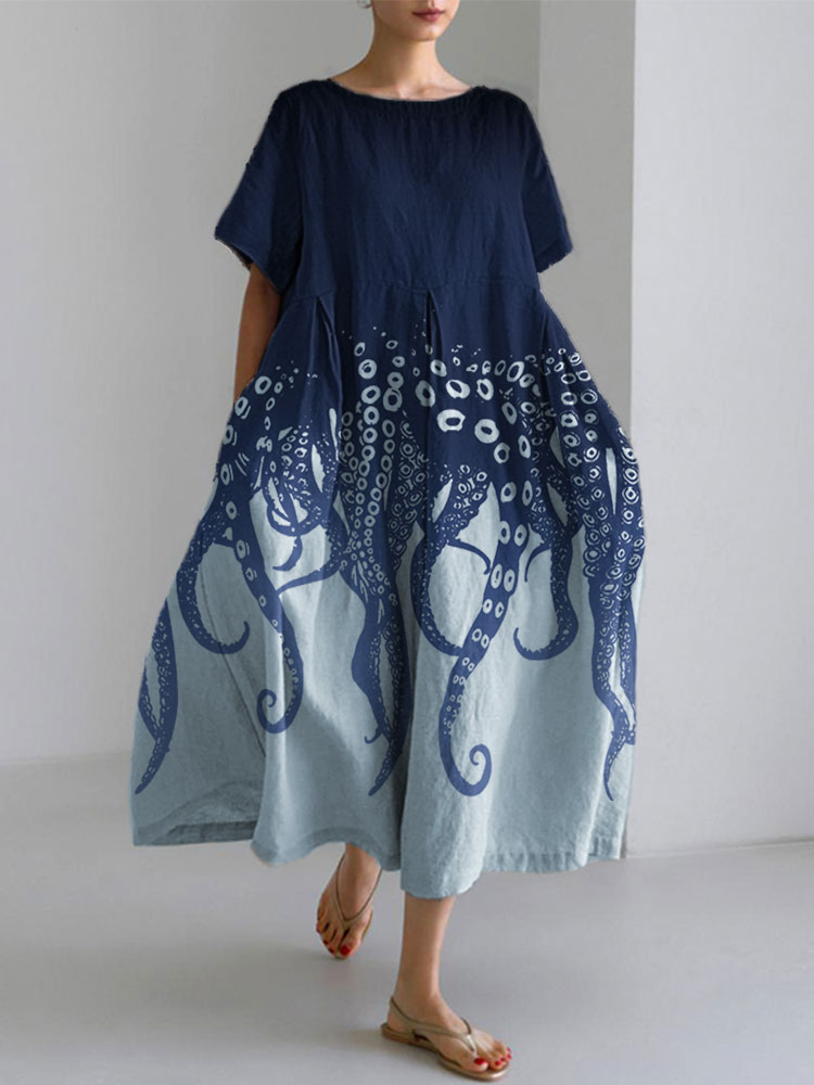 Ocean Octopus Japanese Art Linen Blend Casual Dress Ocean Octopus Japanese Art Linen Blend Casual Dress