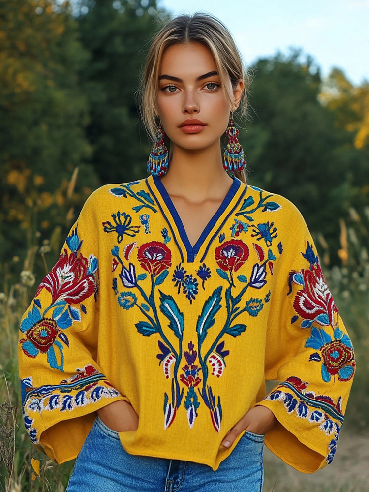 Ukrainian Folk Floral Tattoo Art Linen V-neck Shirt