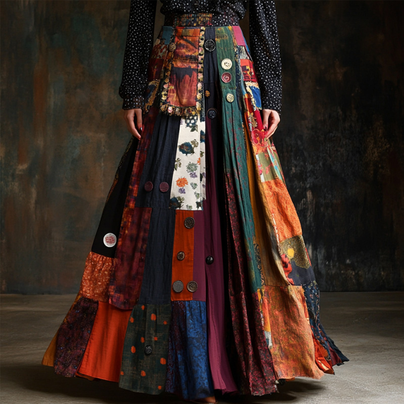 Bohemian Style Colorful Patchwork Ethnic Print Skirt