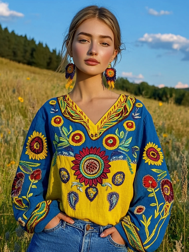 Ukrainian Folk Sunflower Floral Embroidery Contrasting Color Linen V-neck Shirt