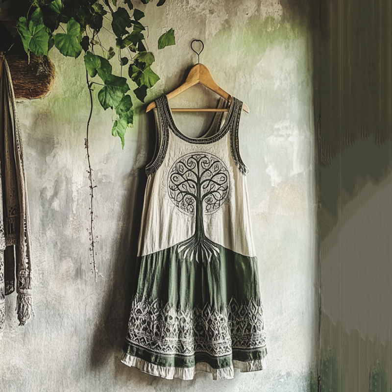 Vintage Tribal Celtic Knot Life Of Tree Patchwork Art Linen Tank Dress Vintage Tribal Celtic Knot Life Of Tree Patchwork Art Linen Tank Dress