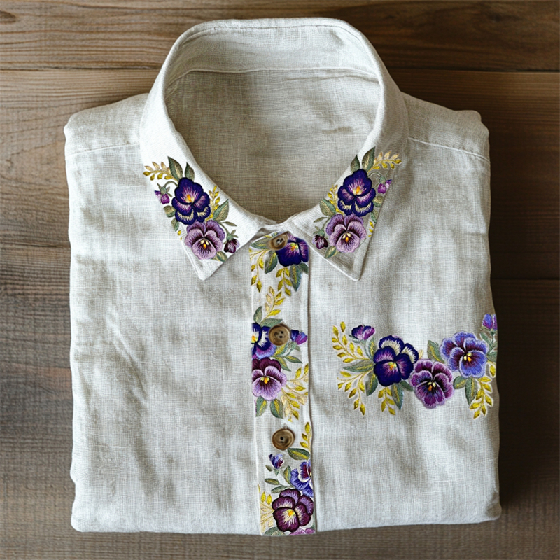 Classy Pansy Floral Embroidered Linen Blend Blouse Classy Pansy Floral Embroidered Linen Blend Blouse
