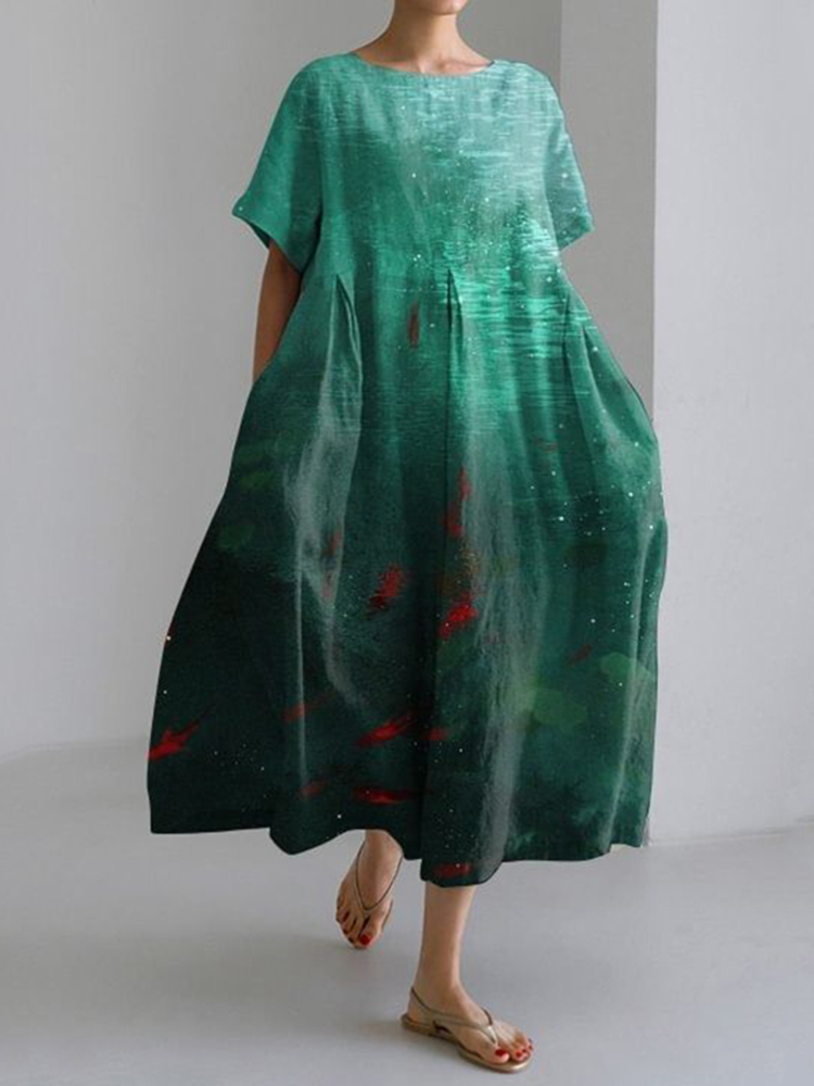 Fish Art Print Round Neck Short Sleeve Casual Midi Dress