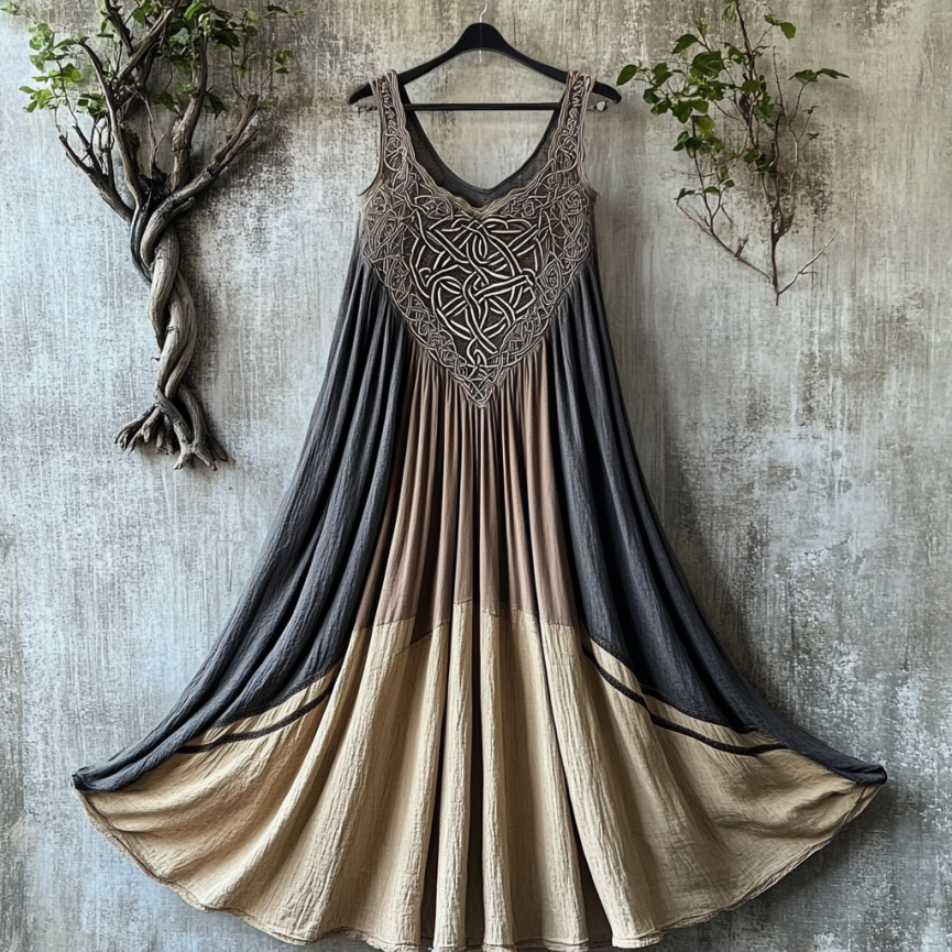 Vintage Viking Celtic Embroidery Art Patchwork Linen Tank Dress Vintage Viking Celtic Embroidery Art Patchwork Linen Tank Dress