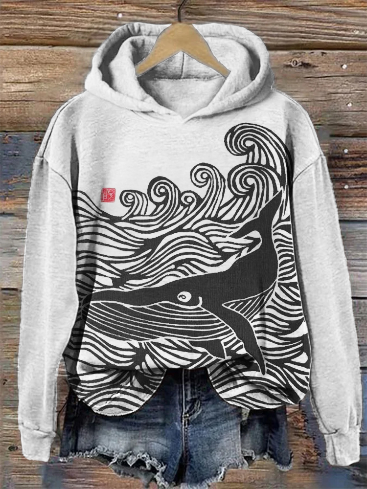 Whale & Waves Ancient Japanese Art Cozy Hoodie Whale & Waves Ancient Japanese Art Cozy Hoodie
