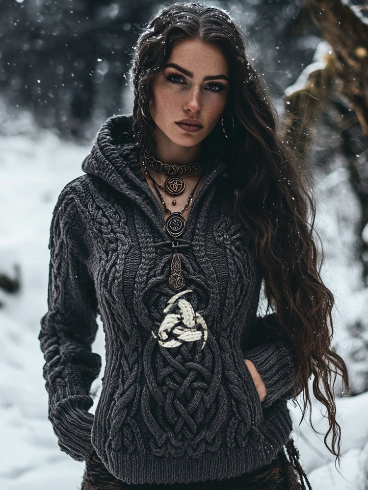 Women's Viking Tribal Witch Inspired Chunky Knit Hooded Sweater