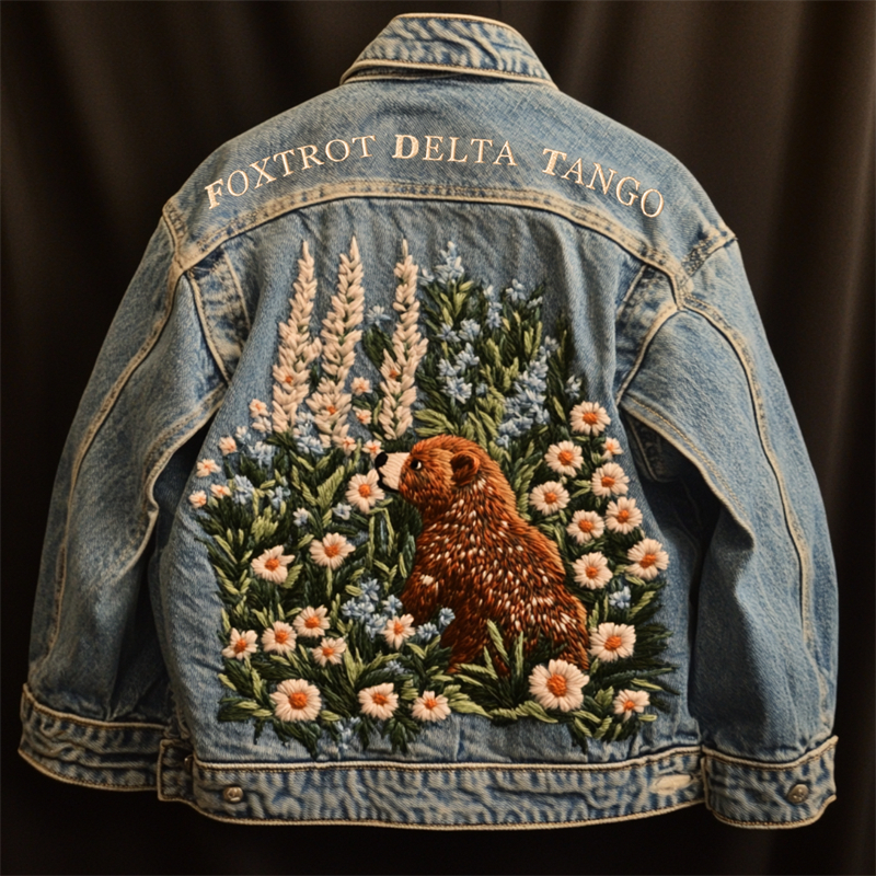 Foxtrot Data Tango Bear Floral Embroidered Denim Jacket Foxtrot Data Tango Bear Floral Embroidered Denim Jacket