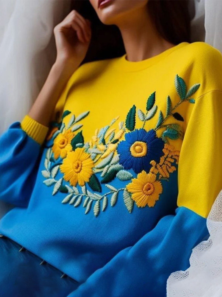 Ukraine Ethnic Floral Contrast Color Sweatshirt