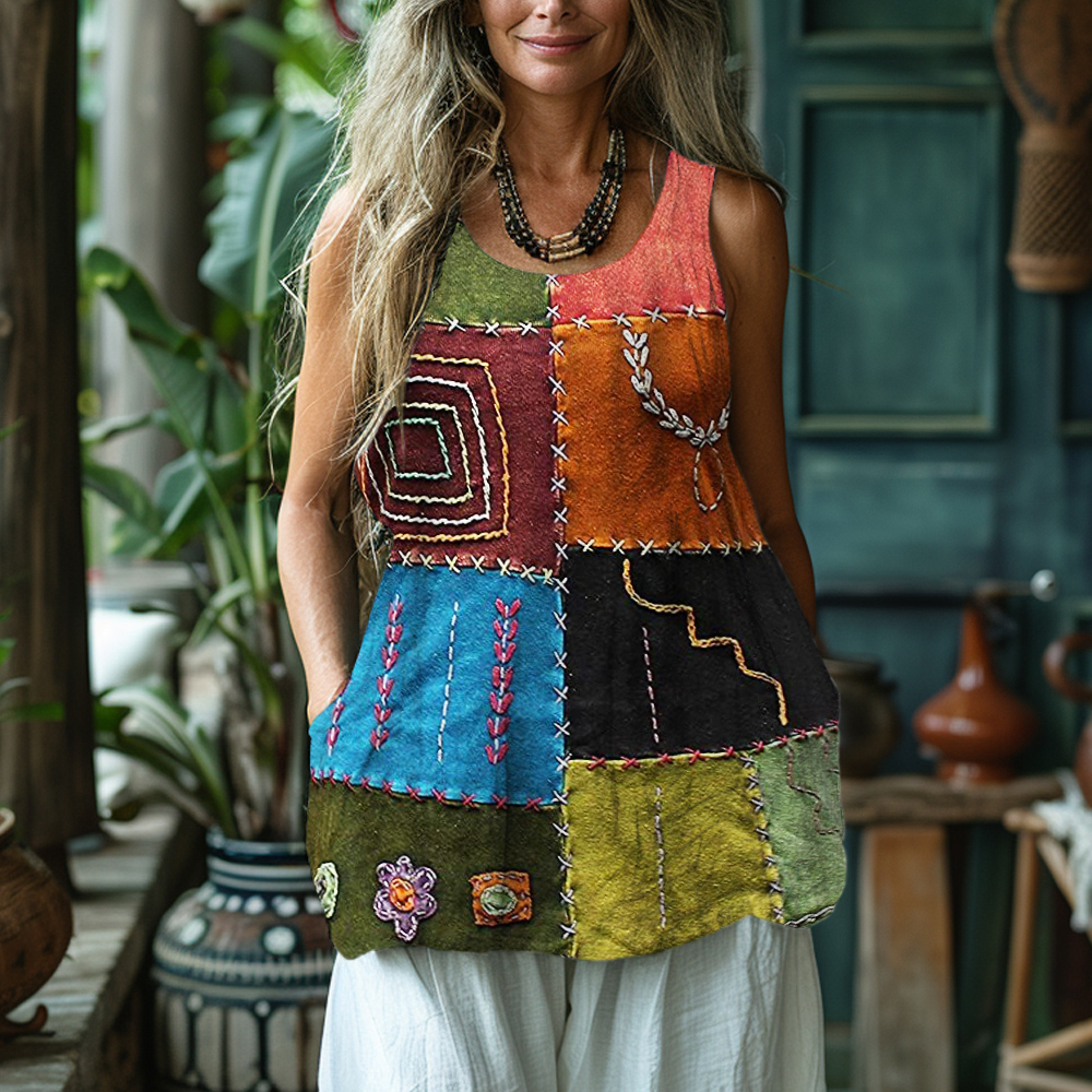 Vintage Geometric Embroidery Art Women's Linen Vest Vintage Geometric Embroidery Art Women's Linen Vest