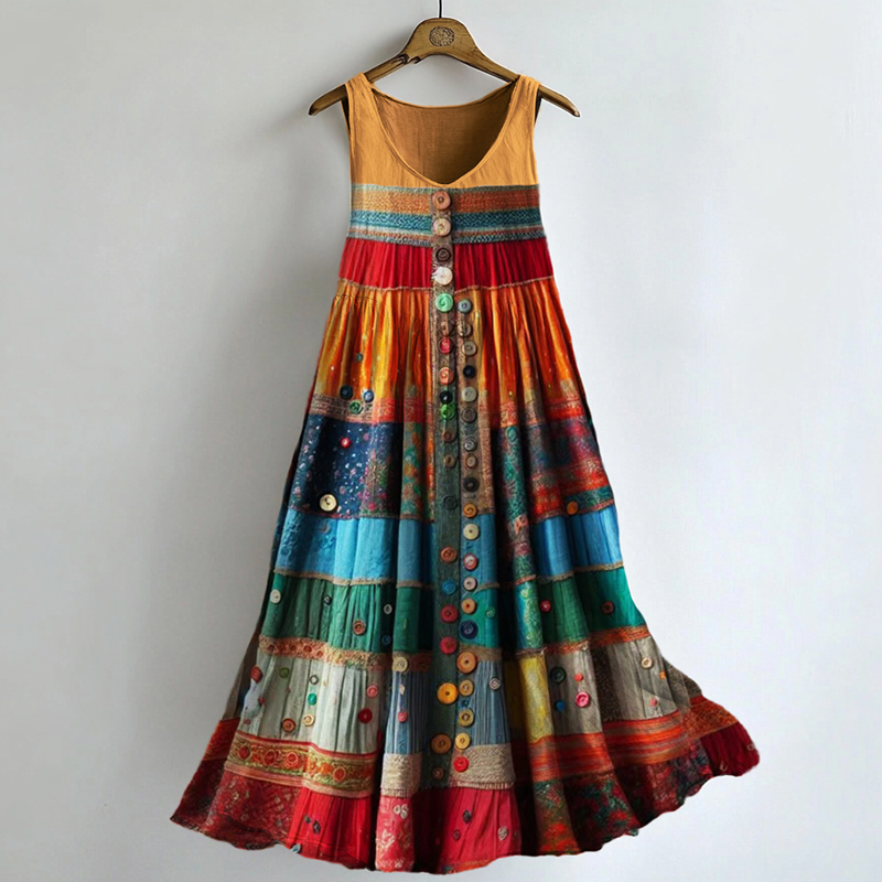 Boho Colorful Textile Flowy Linen Blend Tank Dress Boho Colorful Textile Flowy Linen Blend Tank Dress