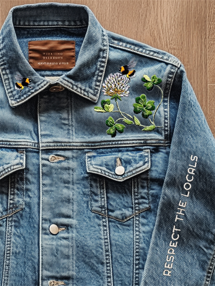Respect The Locals Bees & Clovers Embroidered Denim Jacket