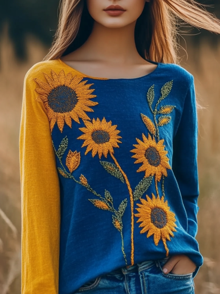 Women's Ukrainian Sunflower Color Block Art Linen Shirt