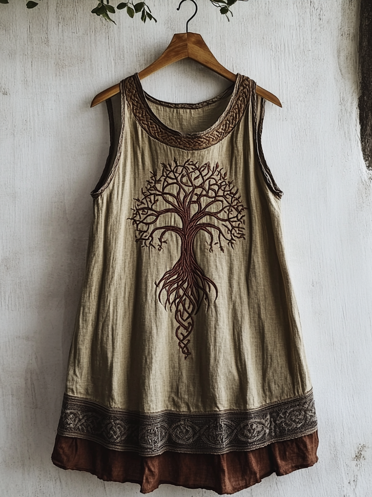 Women's Viking Tree Of Life Celtic Knot Pattern Art Linen Sleeveless Top