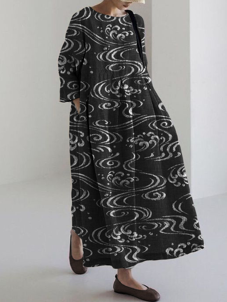 Sea Waves Japanese Art Linen Blend Maxi Dress