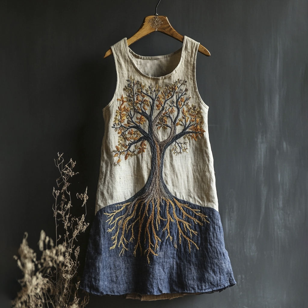 Tree Of Life Embroidered Vintage Art Women's Linen Vest Dress Tree Of Life Embroidered Vintage Art Women's Linen Vest Dress