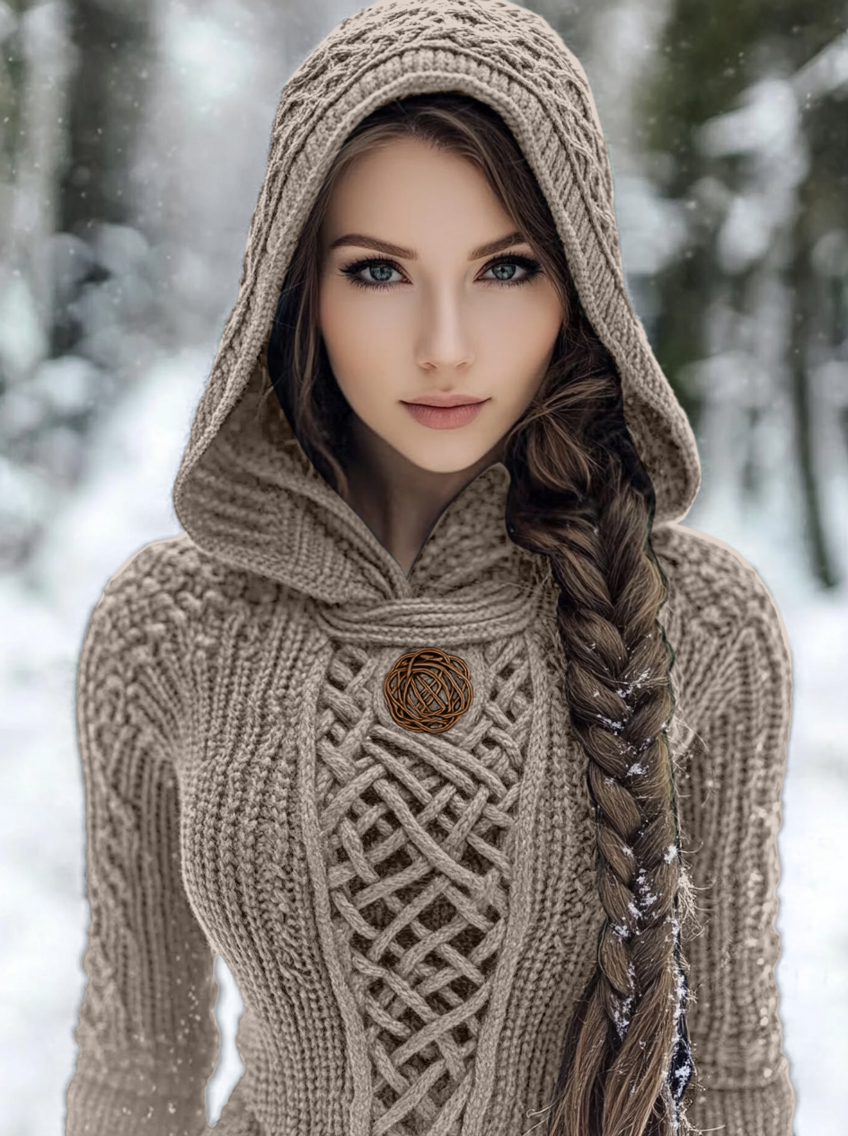 Women's Viking Style Knitted Cozy Hooded Sweater