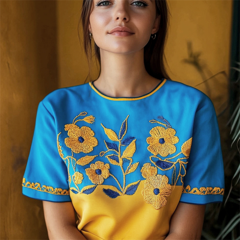 Ukraine Ethnic Floral Embroidered Contrast Color T Shirt