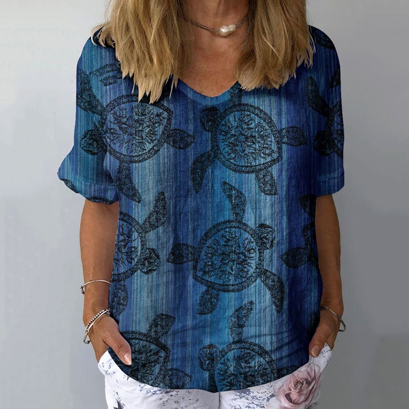 Women's Turtle Pattern Linen Blend T-shirt