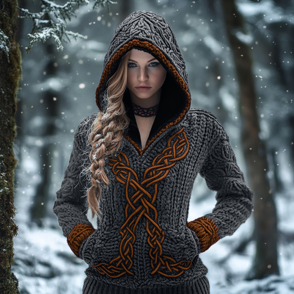 Women's Viking Celtic Knot Jacquard Knit Hooded Sweater
