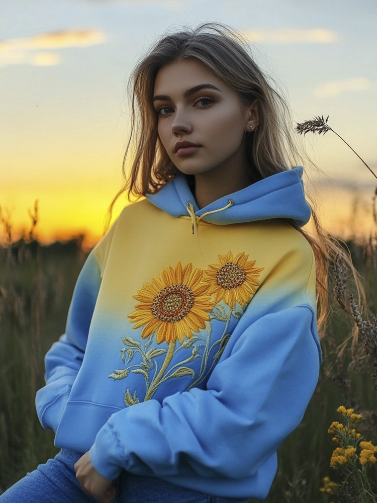 Ukrainian Sunflower Embroidery Yellow And Blue Gradient Women's Hoodie