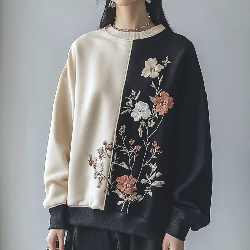 Handmade Floral Embroidery Two Color Women's Loose Sweatshirt Handmade Floral Embroidery Two Color Women's Loose Sweatshirt