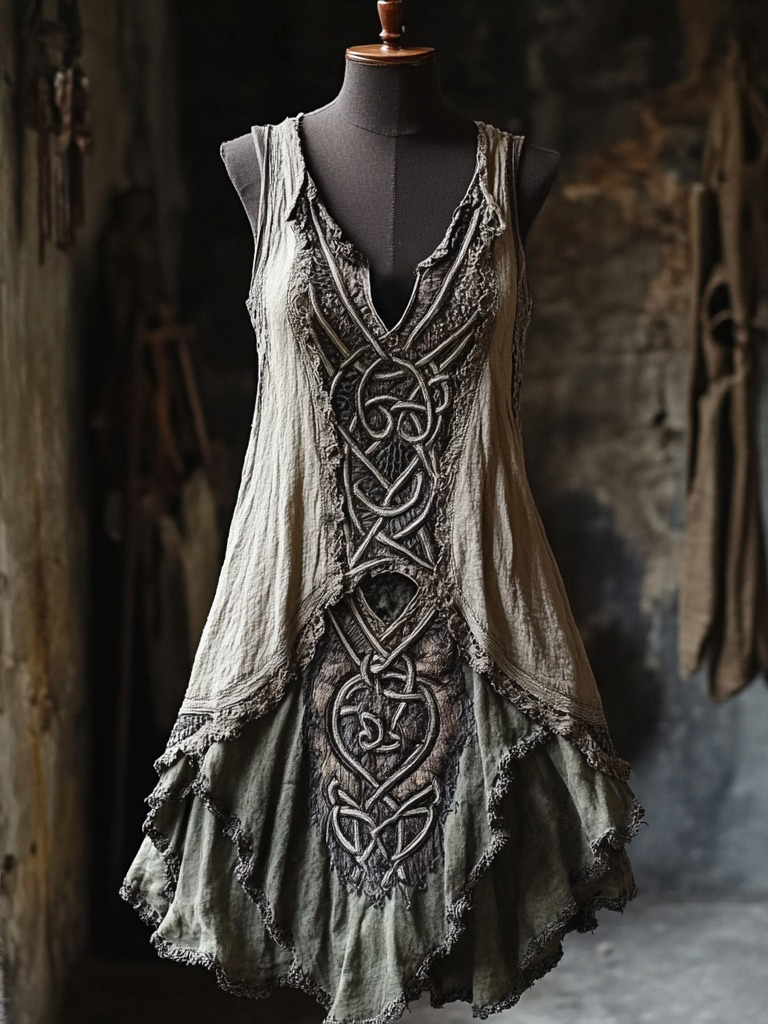 Vintage Tribal Lace Patchwork Comfy Linen Tank Dress