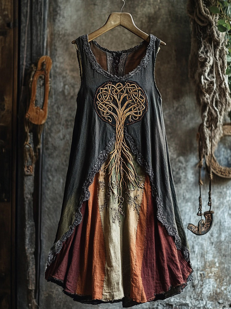 Tribal Celtic Knot Life Of Tree Lace Contrast Color Art Linen Tank Dress