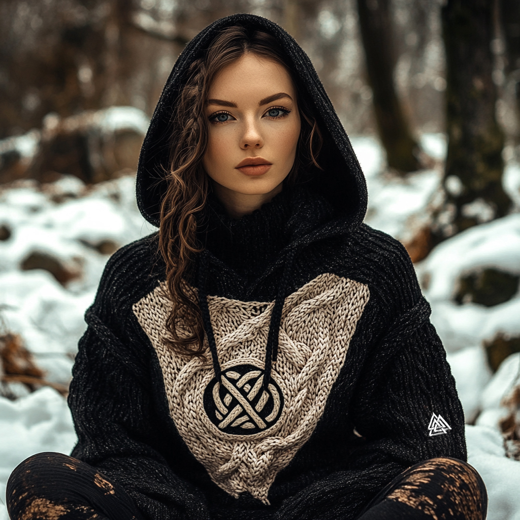 Women's Viking Tribal Jacquard Celtic Inspired Knit Hooded Sweater