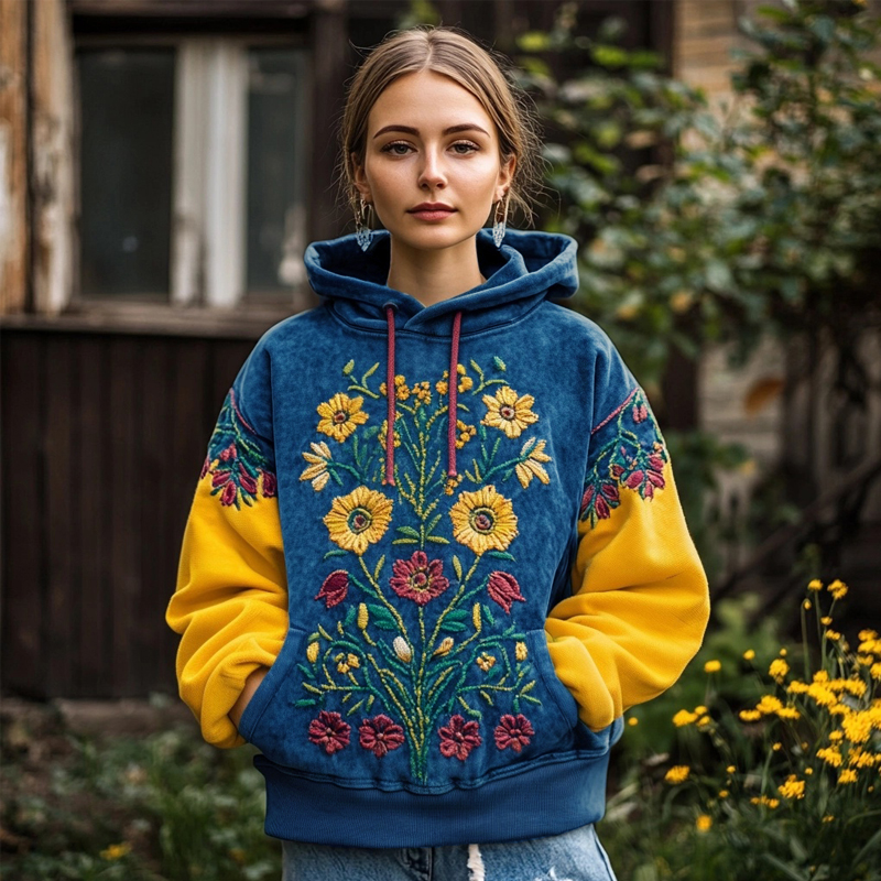 Vintage Ukrainian Folk Floral Embroidered Contrast Color Washed Hoodie