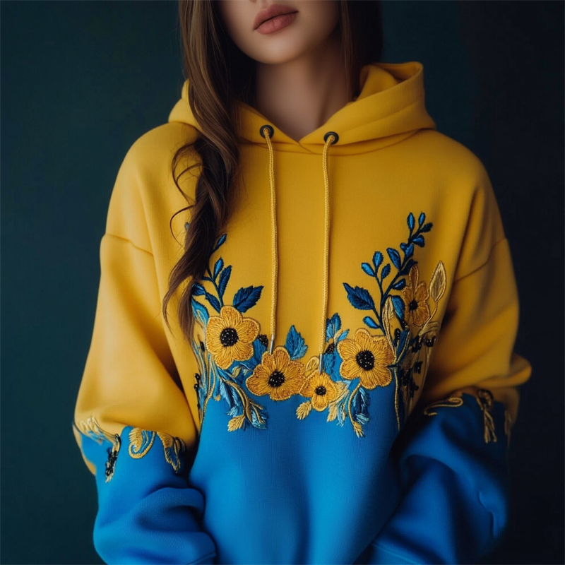 Ukraine Classy Floral Embroidered Contrast Color Hoodie