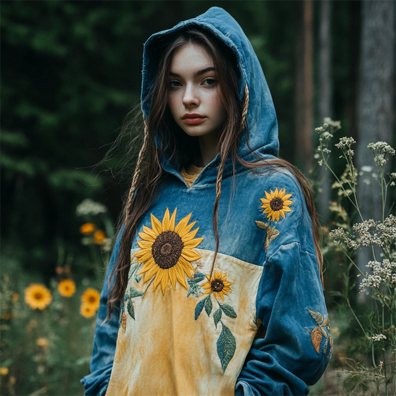 Ukraine Sunflowers Embroidered Contrast Color Washed Hoodie Ukraine Sunflowers Embroidered Contrast Color Washed Hoodie
