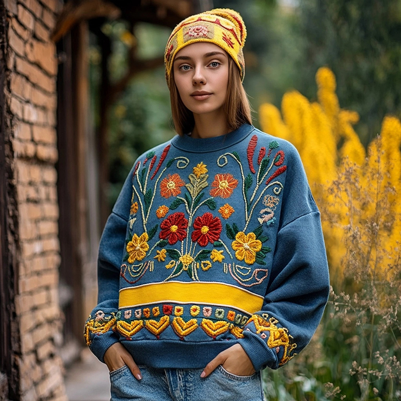 Ukrainian Folk Floral Embroidered Vintage Cozy Sweatshirt
