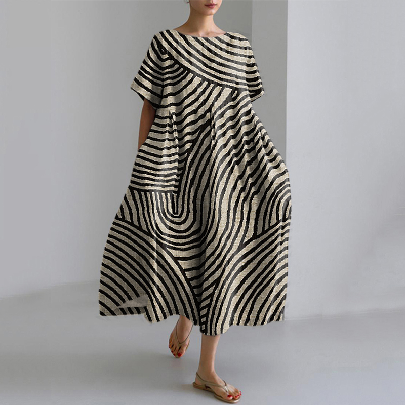 Women's Abstract Art Striped Print Vintage Linen Blend Dress Women's Abstract Art Striped Print Vintage Linen Blend Dress