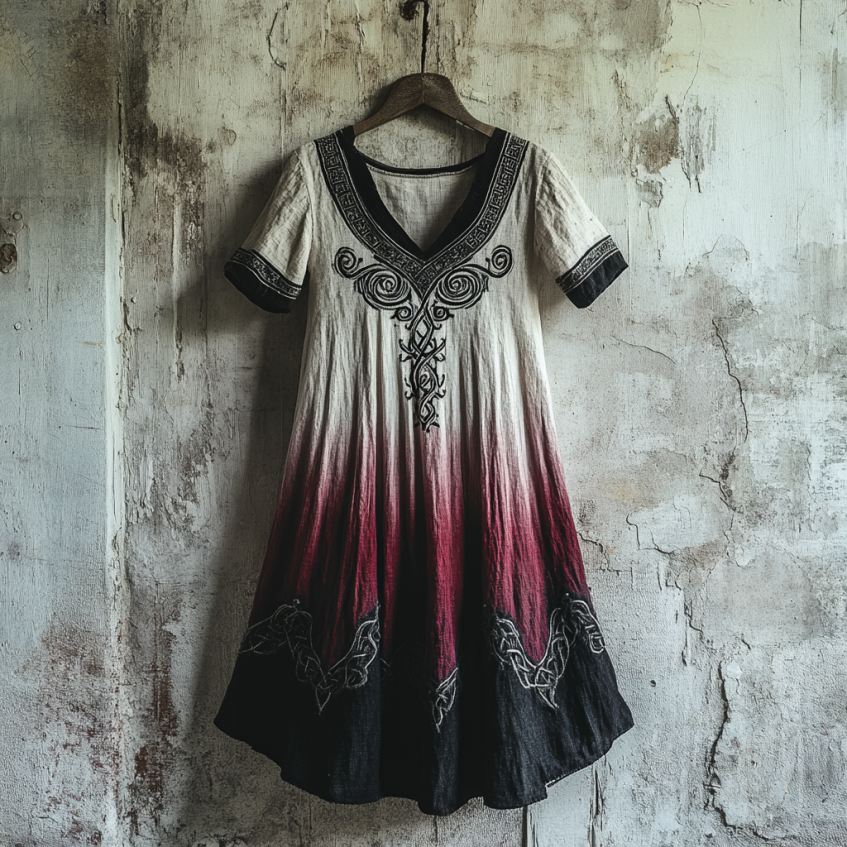 Bohemian Viking Tribal Celtic Knot Gradient Embroidery Art Linen Round Neck Midi Dress Bohemian Viking Tribal Celtic Knot Gradient Embroidery Art Linen Round Neck Midi Dress