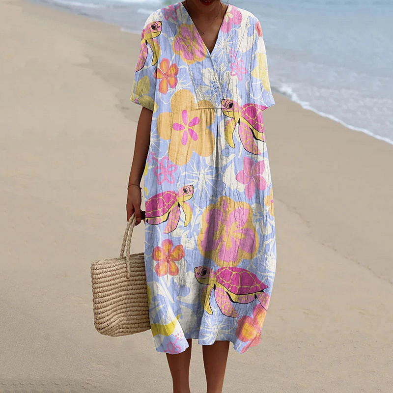 Women's Resort Turtle Pattern V-neck Casual Flowy Midi Dress Women's Resort Turtle Pattern V-neck Casual Flowy Midi Dress