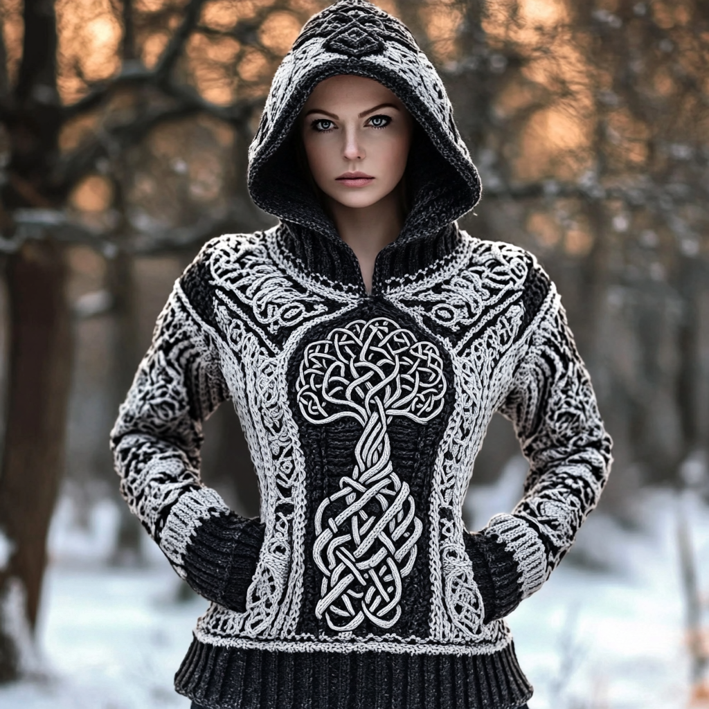 Women's Viking Tree Style Celtic Knit Warm Hooded Sweater Women's Viking Tree Style Celtic Knit Warm Hooded Sweater