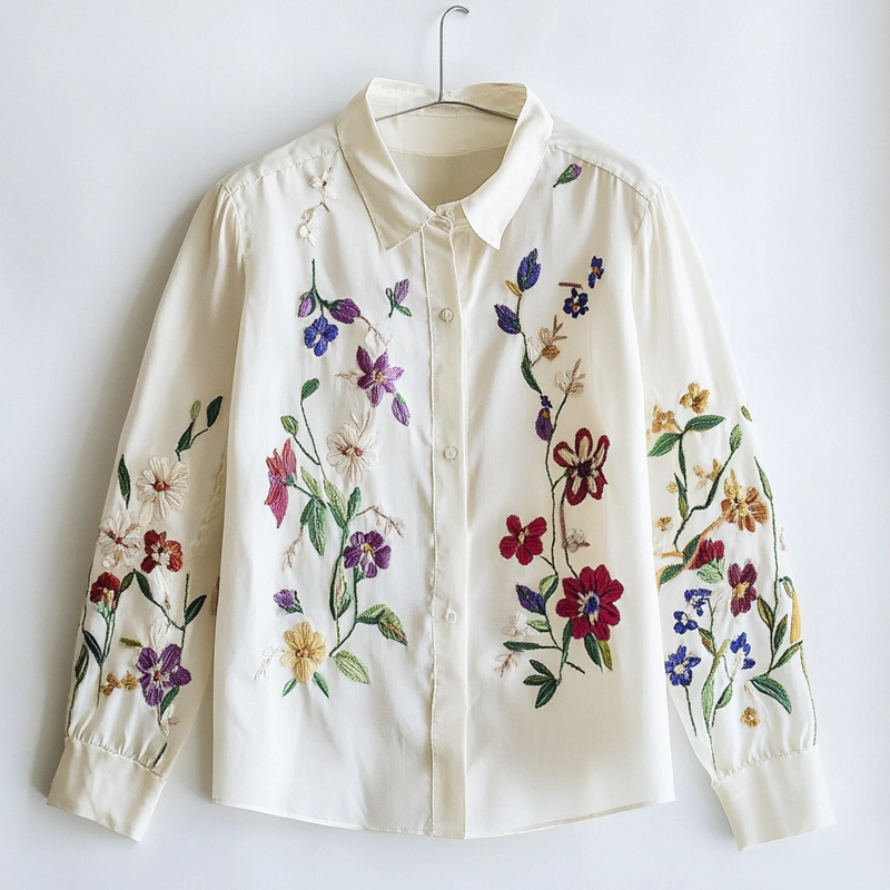 Forest Flower Embroidery Women's Long Sleeve Shirt Forest Flower Embroidery Women's Long Sleeve Shirt