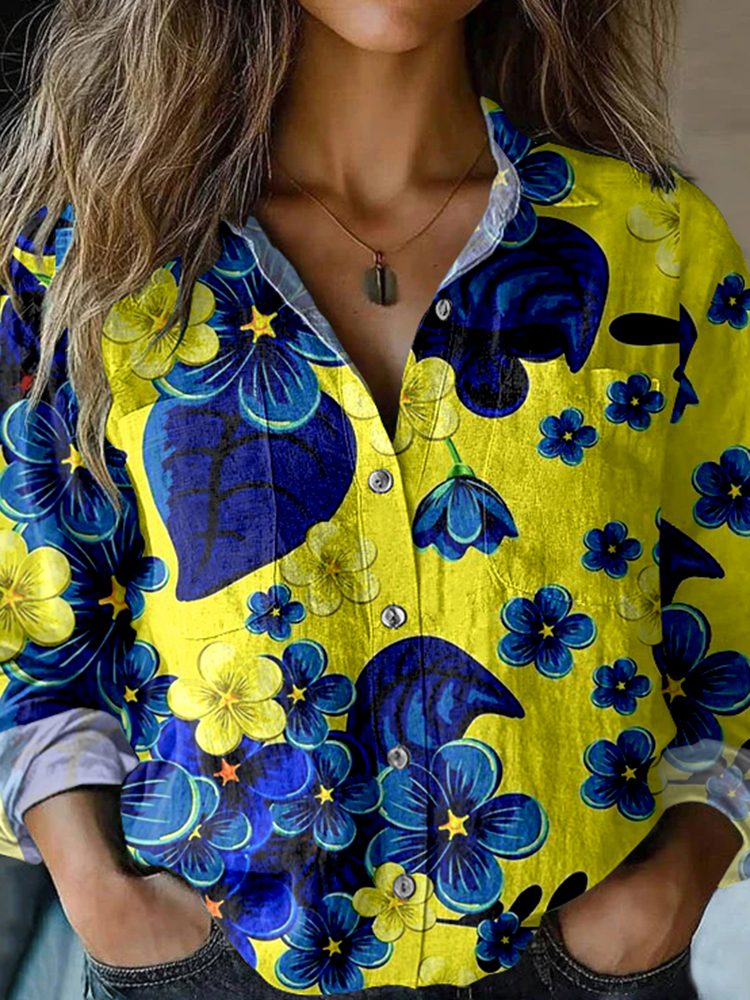 Vintage I Hope Peace Forever Ukraine Floral Art Linen Print  Long Sleeve Shirt