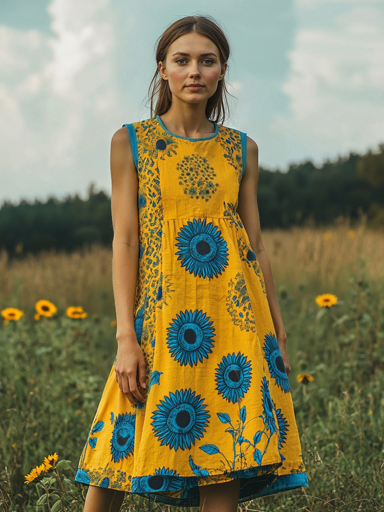 Women's Contrasting Color Floral Patriotic Vest Dress